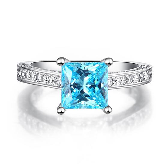 1.5 Carat Princess Cut Fancy Blue Created Diamond 925 Sterling Silver Wedding En