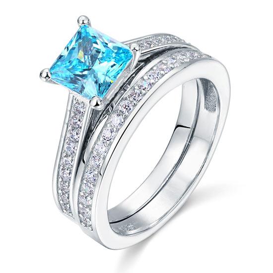 1.5 Carat Princess Cut 2-Pcs Fancy Blue Created Diamond 925 Sterling Silver Wedd