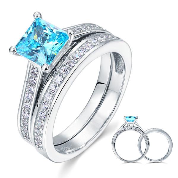 1.5 Carat Princess Cut 2-Pcs Fancy Blue Created Diamond 925 Sterling Silver Wedd