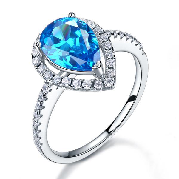 Sterling 925 Silver Wedding Engagement Ring Pear Blue Created Diamond Jewelry XF