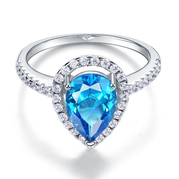 Sterling 925 Silver Wedding Engagement Ring Pear Blue Created Diamond Jewelry XF