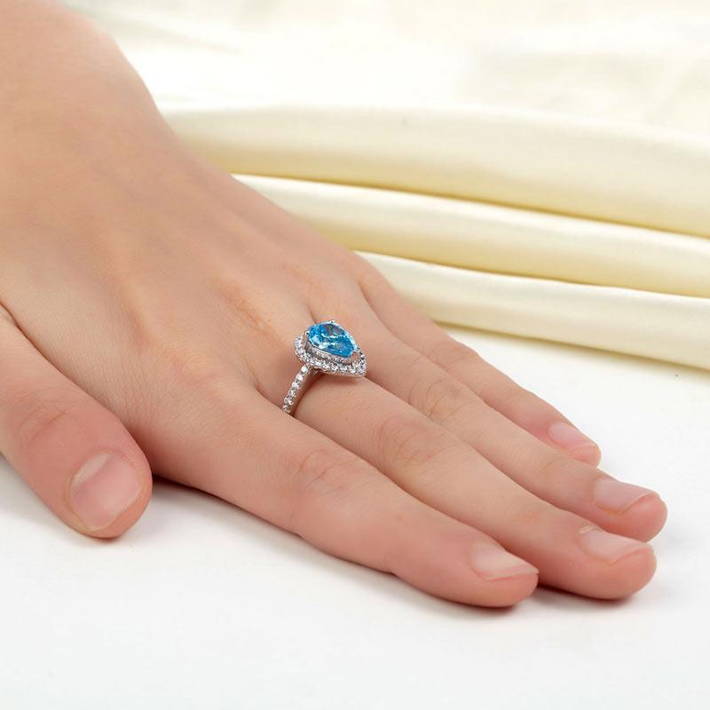 Sterling 925 Silver Wedding Engagement Ring Pear Blue Created Diamond Jewelry XF