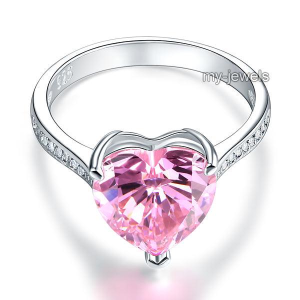 925 Sterling Silver 3.5 Carat Heart Pink Created Diamond Bridal Engagement Ring