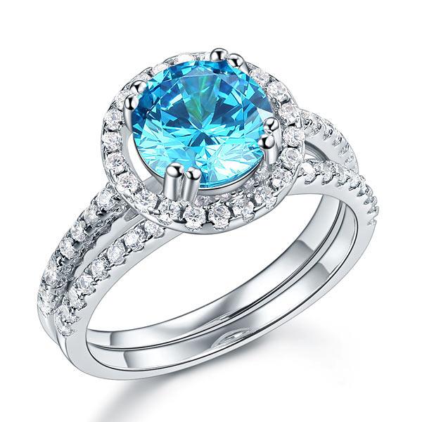 925 Sterling Silver Wedding Engagement Halo Ring Set 2 Carat Blue Created Diamon