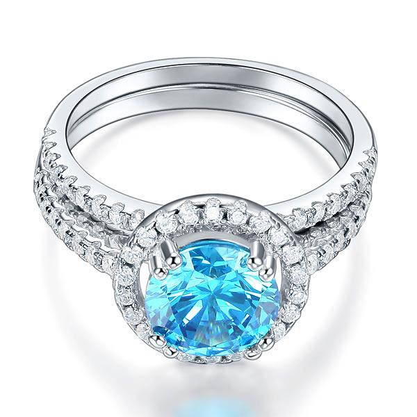 925 Sterling Silver Wedding Engagement Halo Ring Set 2 Carat Blue Created Diamon