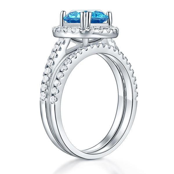 925 Sterling Silver Wedding Engagement Halo Ring Set 2 Carat Blue Created Diamon