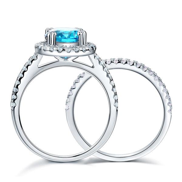 925 Sterling Silver Wedding Engagement Halo Ring Set 2 Carat Blue Created Diamon