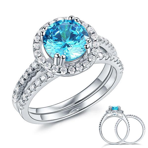 925 Sterling Silver Wedding Engagement Halo Ring Set 2 Carat Blue Created Diamon