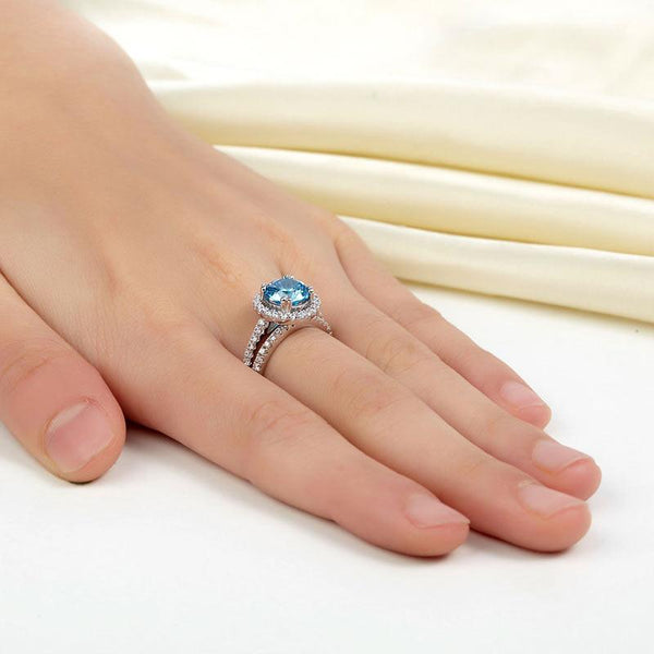 925 Sterling Silver Wedding Engagement Halo Ring Set 2 Carat Blue Created Diamon