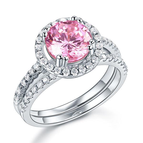 925 Sterling Silver Wedding Engagement Halo Ring Set 2 Carat Pink Created Diamon
