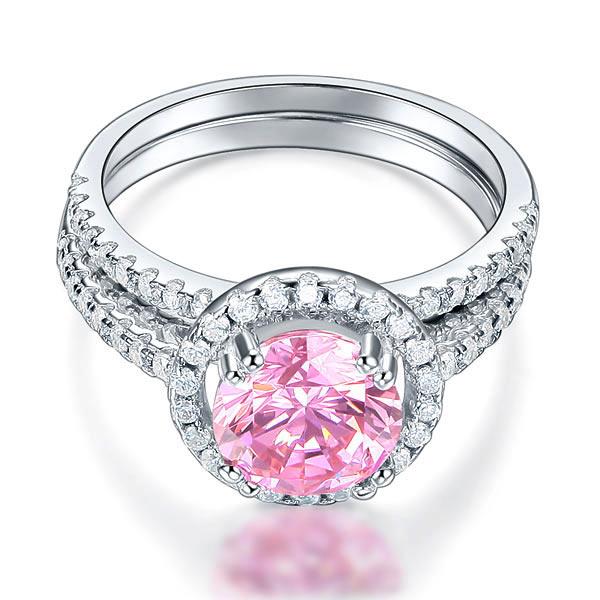 925 Sterling Silver Wedding Engagement Halo Ring Set 2 Carat Pink Created Diamon