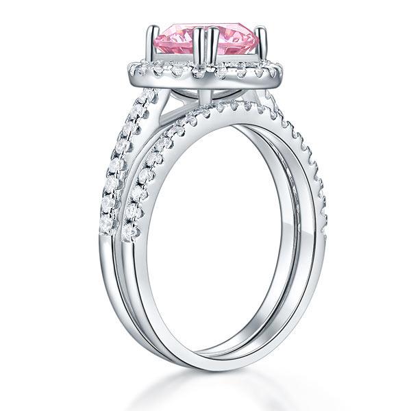 925 Sterling Silver Wedding Engagement Halo Ring Set 2 Carat Pink Created Diamon