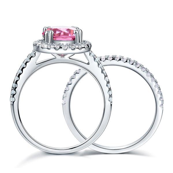 925 Sterling Silver Wedding Engagement Halo Ring Set 2 Carat Pink Created Diamon