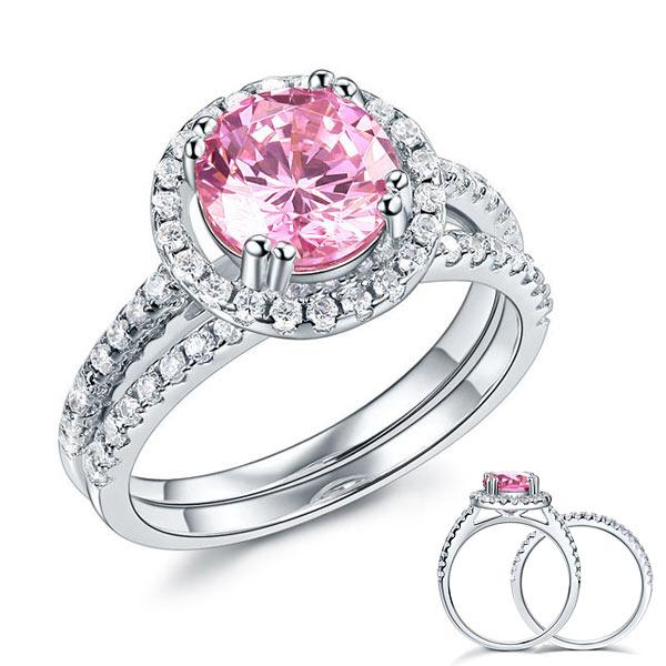 925 Sterling Silver Wedding Engagement Halo Ring Set 2 Carat Pink Created Diamon