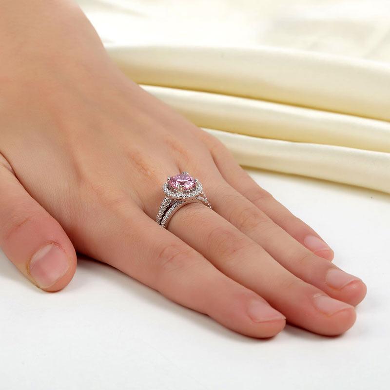 925 Sterling Silver Wedding Engagement Halo Ring Set 2 Carat Pink Created Diamon