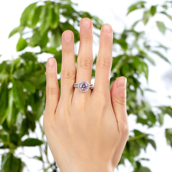 925 Sterling Silver Wedding Engagement Halo Ring Set 2 Carat Pink Created Diamon