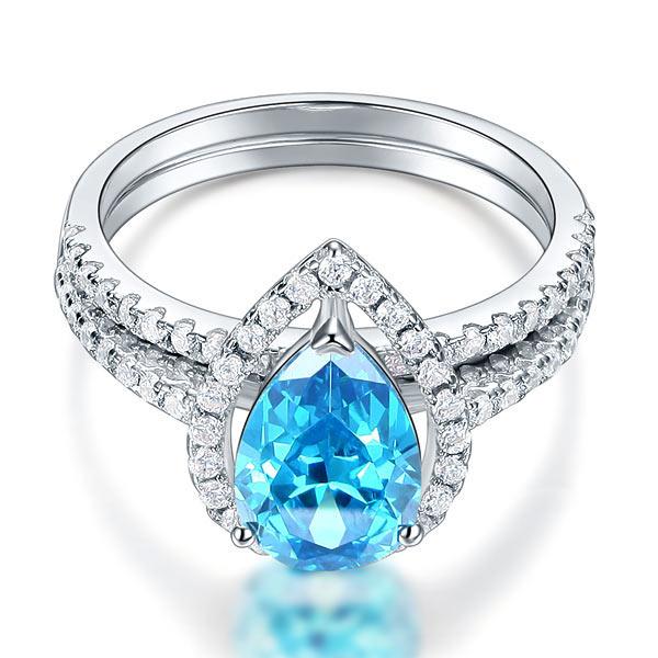 Sterling 925 Silver Bridal Wedding Engagement Ring Set 2 Carat Pear Fancy Blue C