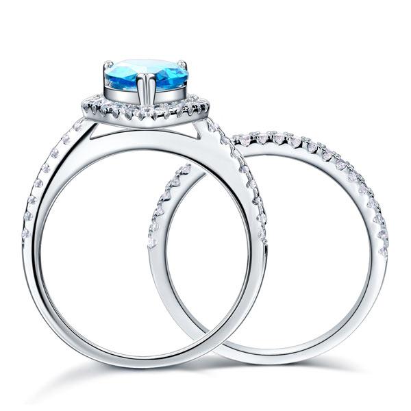 Sterling 925 Silver Bridal Wedding Engagement Ring Set 2 Carat Pear Fancy Blue C