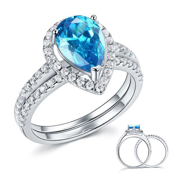 Sterling 925 Silver Bridal Wedding Engagement Ring Set 2 Carat Pear Fancy Blue C