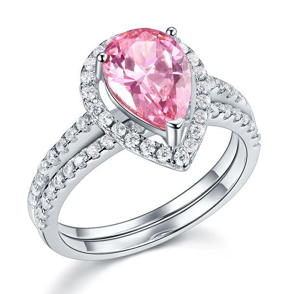 Sterling 925 Silver Bridal Wedding Engagement Ring Set 2 Carat Pear Fancy Pink C