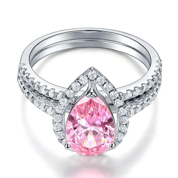 Sterling 925 Silver Bridal Wedding Engagement Ring Set 2 Carat Pear Fancy Pink C