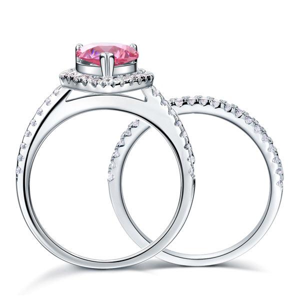 Sterling 925 Silver Bridal Wedding Engagement Ring Set 2 Carat Pear Fancy Pink C