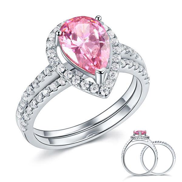 Sterling 925 Silver Bridal Wedding Engagement Ring Set 2 Carat Pear Fancy Pink C