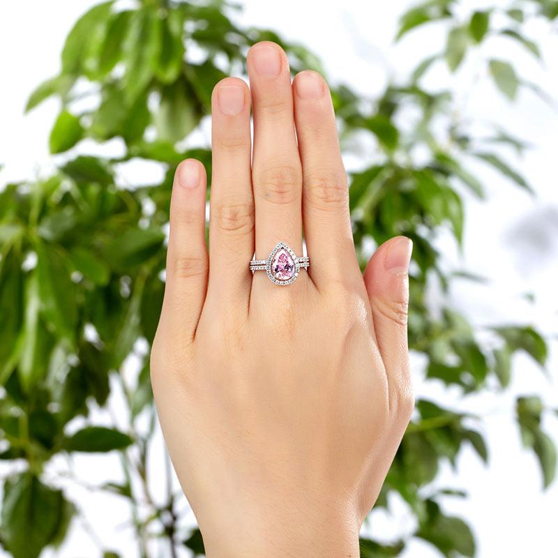 Sterling 925 Silver Bridal Wedding Engagement Ring Set 2 Carat Pear Fancy Pink C