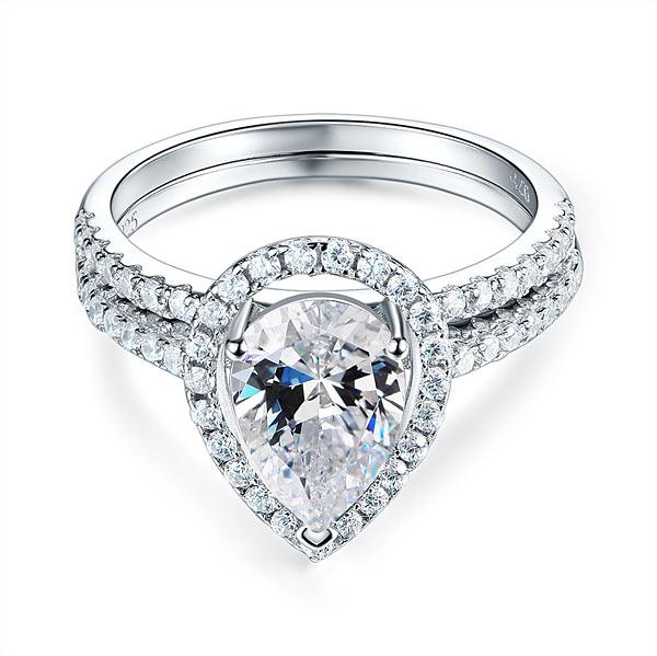 Solid Sterling 925 Silver Bridal Wedding Promise Engagement Ring Set 2 Ct Pear J