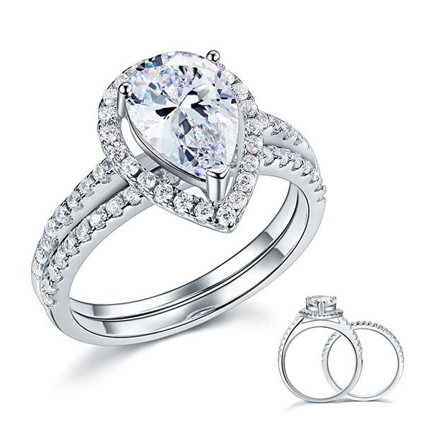 Solid Sterling 925 Silver Bridal Wedding Promise Engagement Ring Set 2 Ct Pear J