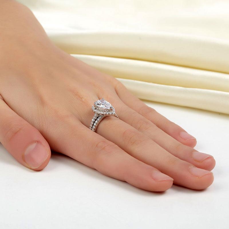 Solid Sterling 925 Silver Bridal Wedding Promise Engagement Ring Set 2 Ct Pear J