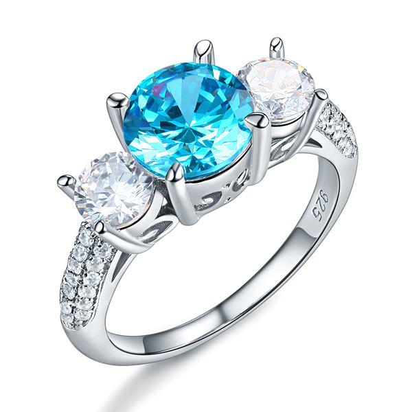 925 Sterling Silver 3-Stone Bridal Ring 2 Carat Created Blue Diamond Vintage Sty