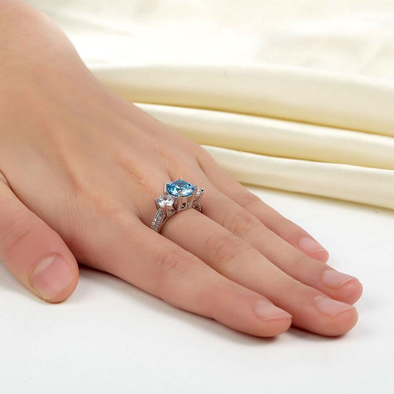 925 Sterling Silver 3-Stone Bridal Ring 2 Carat Created Blue Diamond Vintage Sty