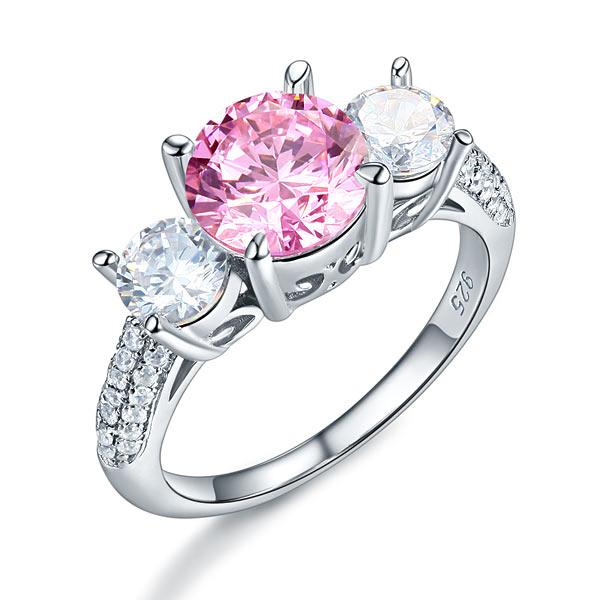 925 Sterling Silver 3-Stone Wedding Ring 2 Carat Fancy Pink Created Diamond Jewe