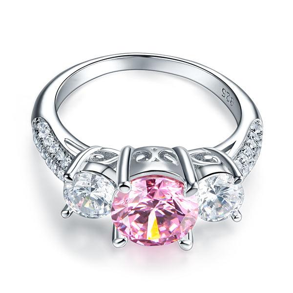 925 Sterling Silver 3-Stone Wedding Ring 2 Carat Fancy Pink Created Diamond Jewe
