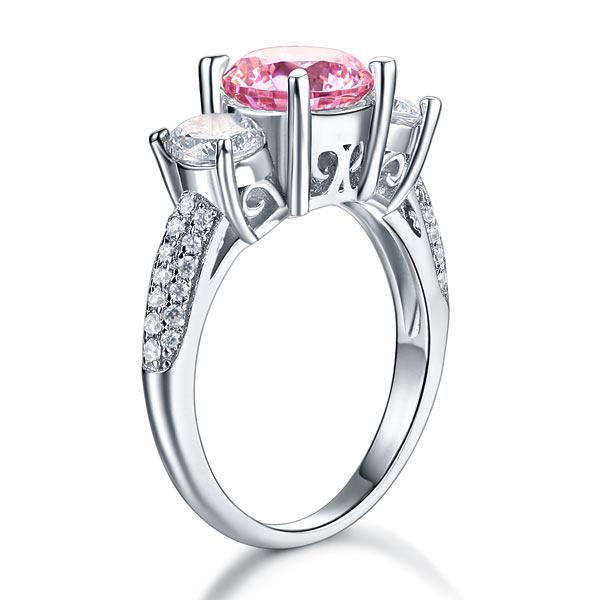 925 Sterling Silver 3-Stone Wedding Ring 2 Carat Fancy Pink Created Diamond Jewe