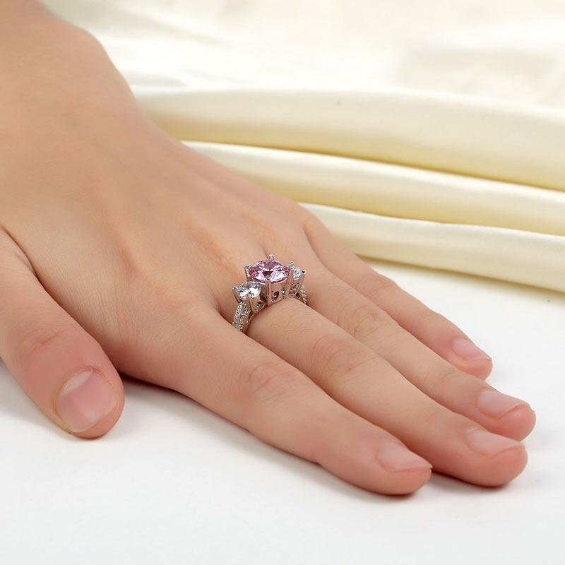 925 Sterling Silver 3-Stone Wedding Ring 2 Carat Fancy Pink Created Diamond Jewe