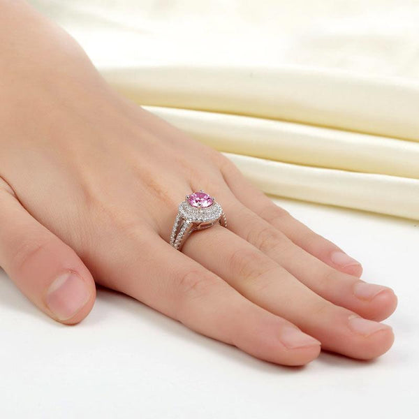 Double Halo 925 Sterling Silver Wedding Engagement Ring 1.25 Ct Fancy Pink Creat