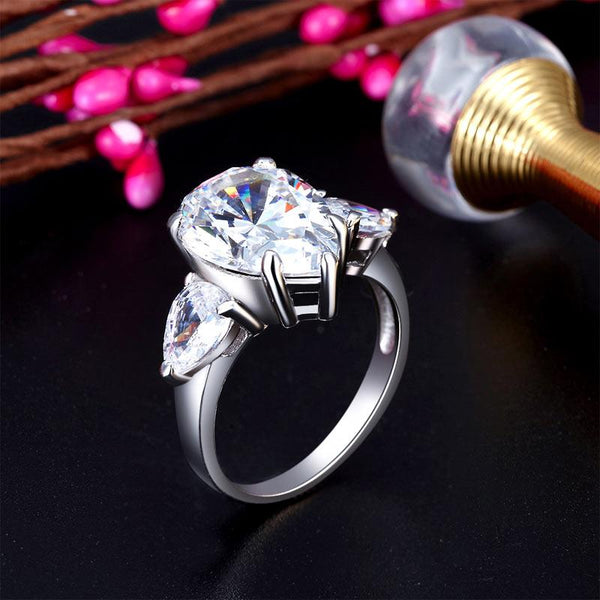 Pear Cut 4 Carat Solid 925 Sterling Silver Ring Three-Stone Pageant Luxury Jewel