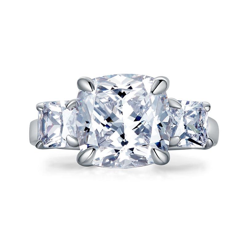 Cushion Cut 4 Carat Solid 925 Sterling Silver Ring Three-Stone Pageant Luxury Je