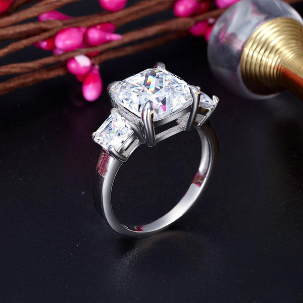 Cushion Cut 4 Carat Solid 925 Sterling Silver Ring Three-Stone Pageant Luxury Je