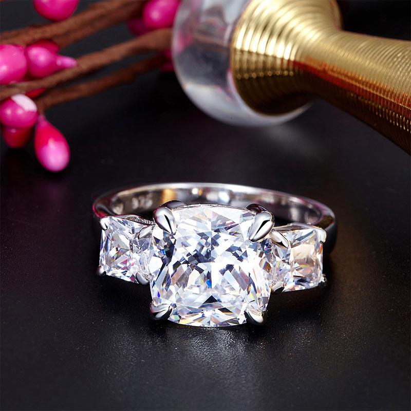 Cushion Cut 4 Carat Solid 925 Sterling Silver Ring Three-Stone Pageant Luxury Je
