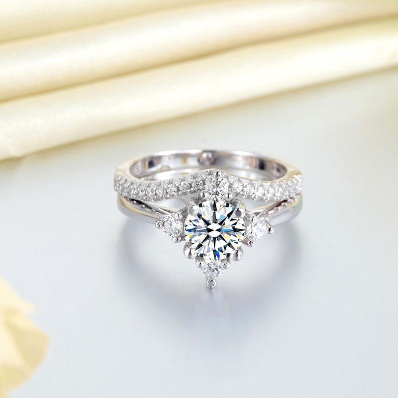 Solid 925 Sterling Silver 2-Pcs Wedding Engagement Ring Set 1 Ct Round Cut Jewel