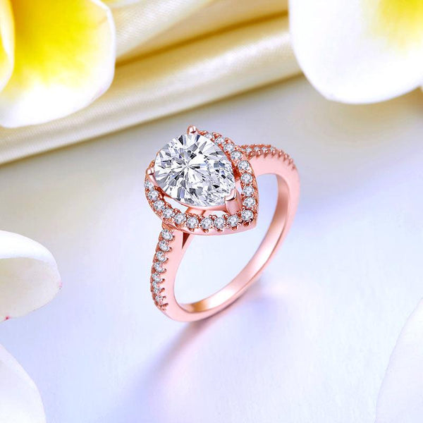 2 Ct Pear Cut Sterling 925 Silver Rose Gold Plated Ring Wedding Promise Engageme