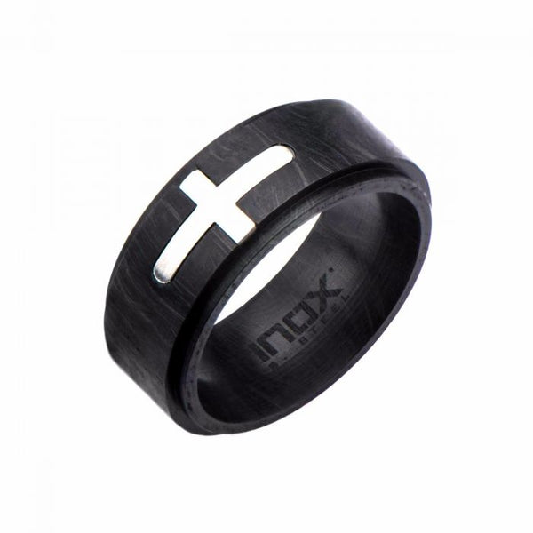 Stainless Steel Cross Inlayed in Solid Carbon Graphite Ring