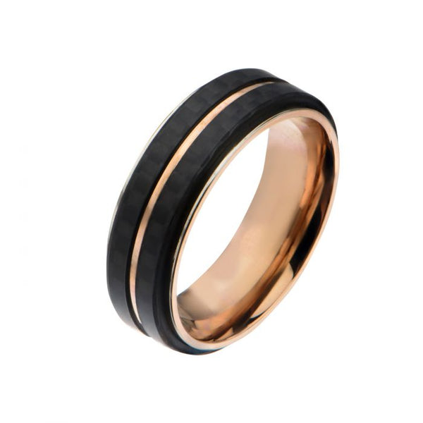 Rose Gold Plated with Double Line Solid Carbon Fiber Ring