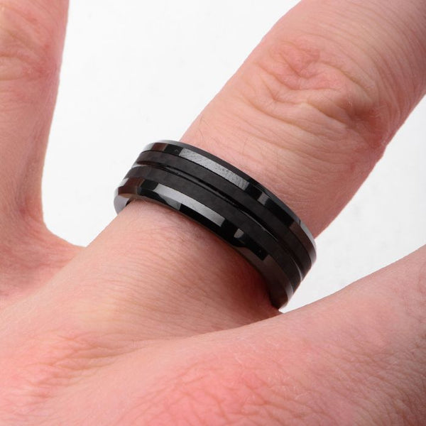 Black Plated with Double Line Solid Carbon Fiber Ring
