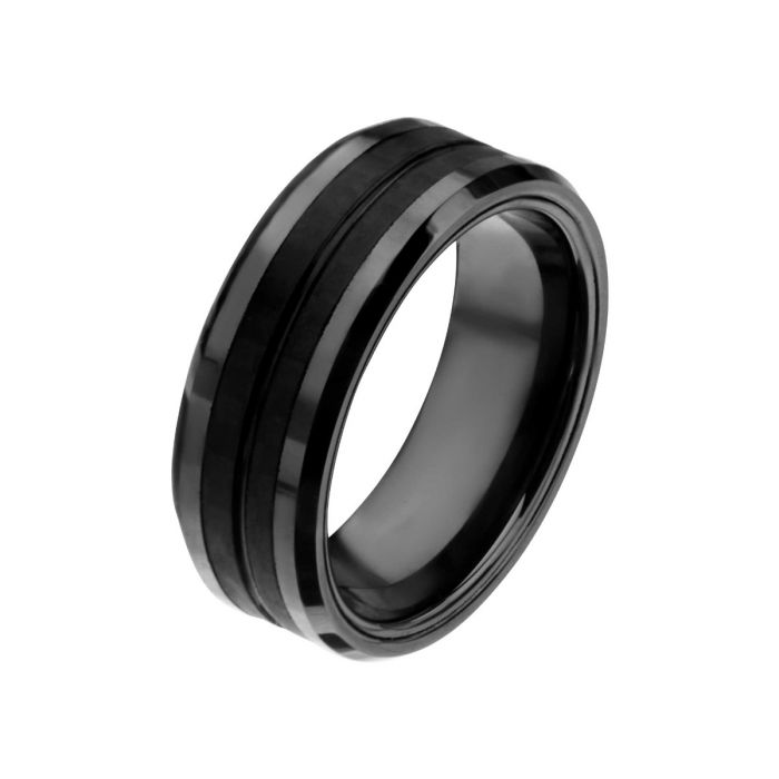 Black Plated with Double Line Solid Carbon Fiber Ring