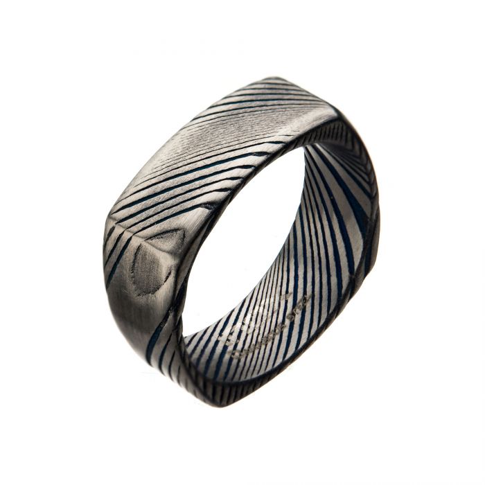 Damascus 8mm Matte Blue Plated Square Ring