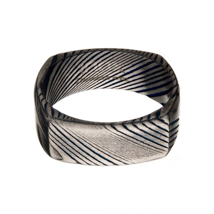 Damascus 8mm Matte Blue Plated Square Ring